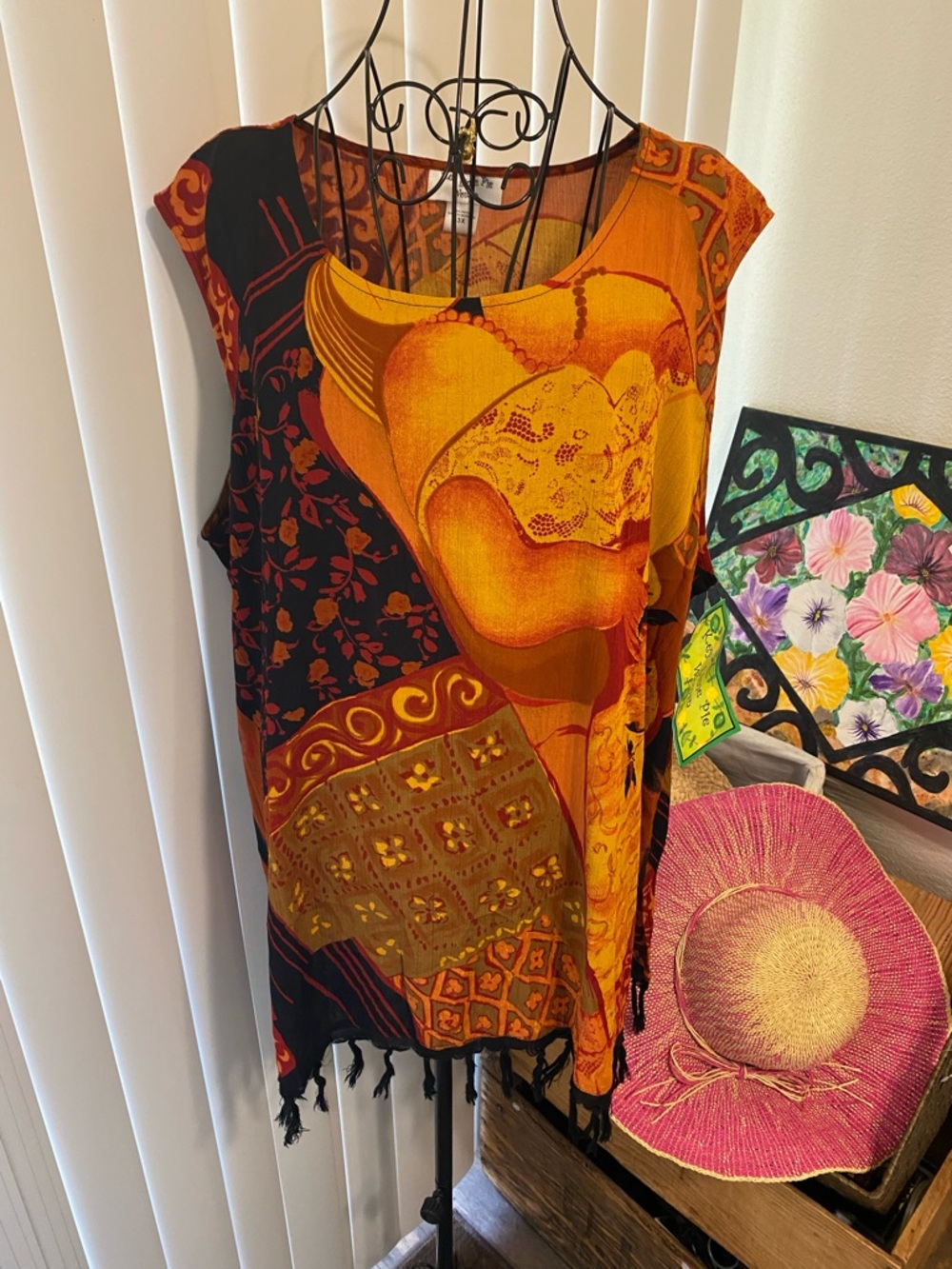 Sleeveless Orange & Rust Patchwork Tank Top with Fringe - Picture 2 of 9